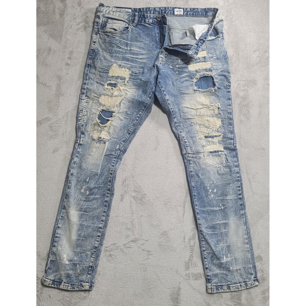 Smoke Rise Jeans Mens 38x34 Blue Light Wash Distressed Ripped Tapered Denim